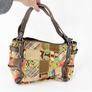 ✅ Fossil Modern Vintage Floral Plaid Straw‎ Patchwork Handbag Purse w Pockets